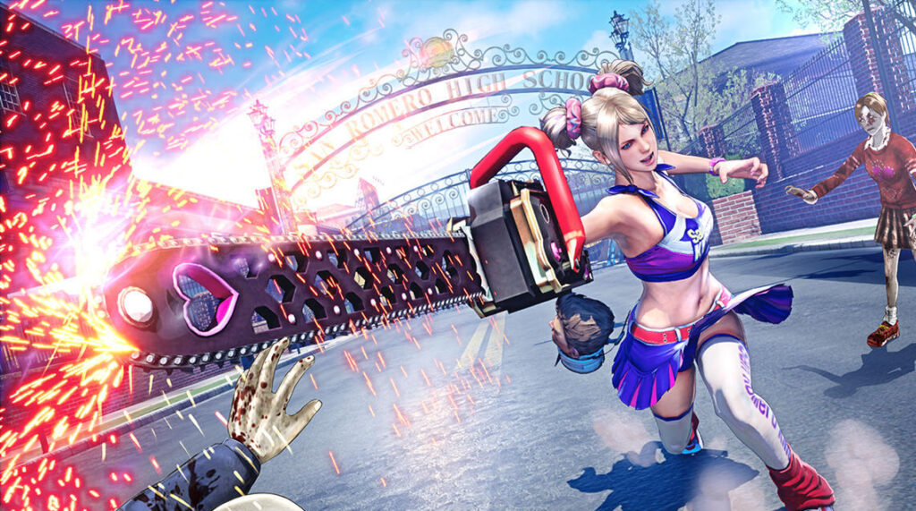 Juliet Starling, główna bohaterka Lollipop Chainsaw, zabijająca zombie piłą mechaniczną