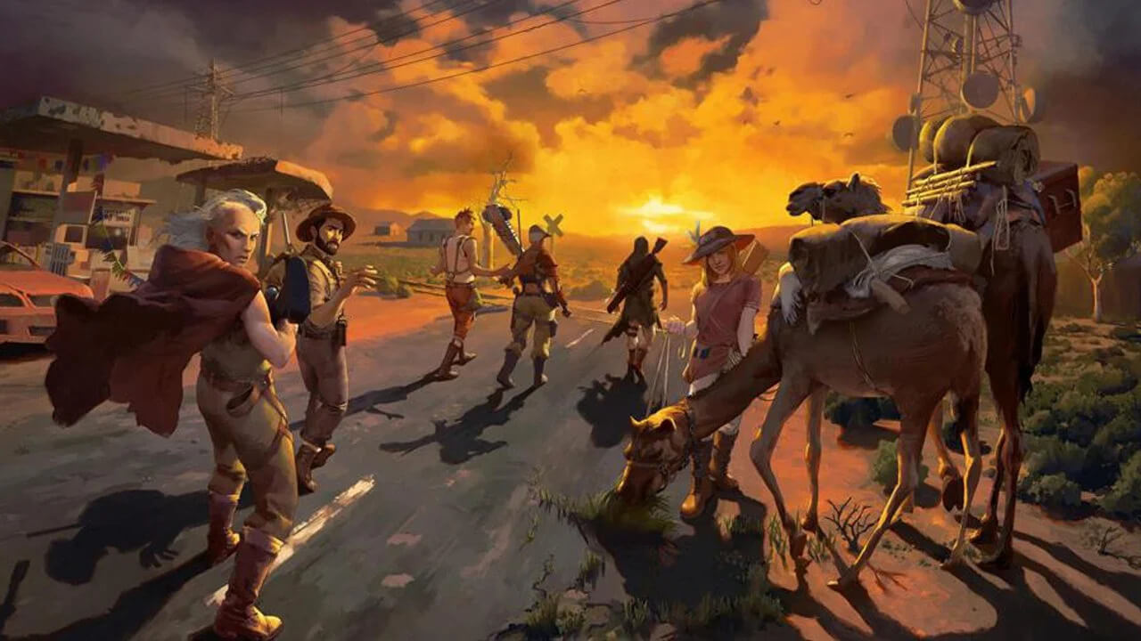 Postacie i wielbłąd na tle zachodzącego słońca w grze Broken Roads
