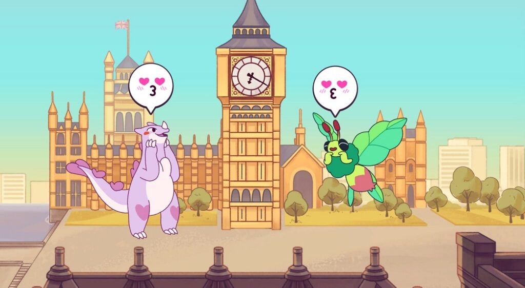 Gigachu i kaiju inspirowany Mothrą romansujący przy Big Benie w Kaichu - The Kaiju Dating Sim