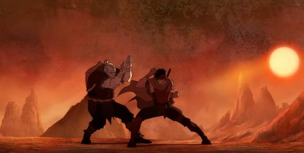 Kuai Liang (Sub-Zero) oraz Kenshi w trakcie treningu w Mortal Kombat Legends: Snow Blind