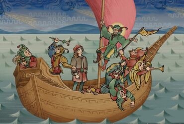 Ilustracja statku na morzu w stylu średniowiecznych iluminacji w grze Pentiment