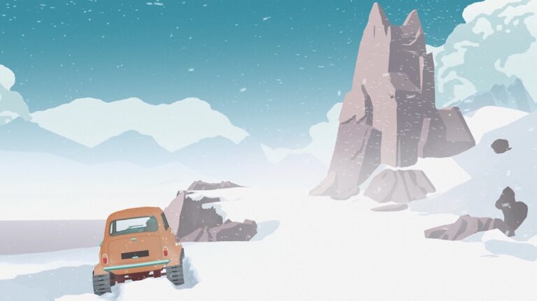 Krajobraz z South of the Circle - pomarańczowy samochód wśród śniegu