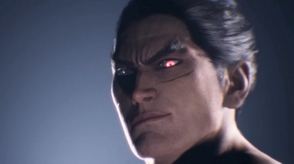 Kazuya Mishima z bliznami na twarzy i czerwonym okiem z zapowiedzi od Bandai Namco dotyczącej Tekkena