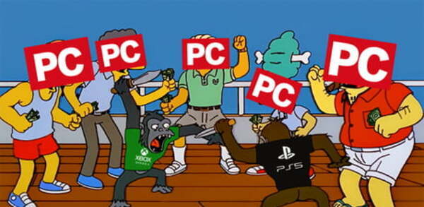 Kard z The Simpsons. dwie małpy walczą w koszulkach z logo konsol