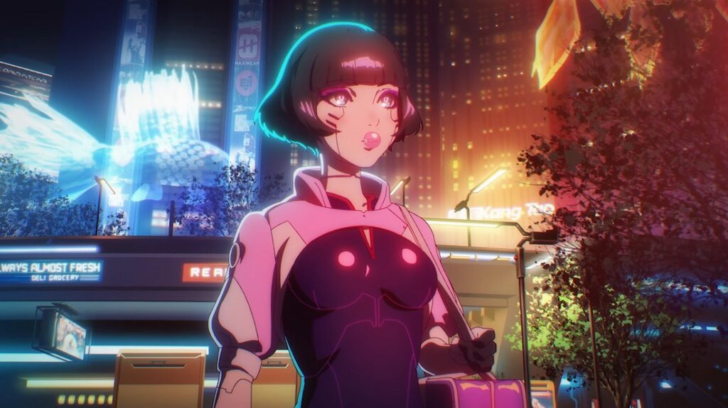 Edgerunnerka Sasha w Night City z klipu do endingu anime Cyberpunk: Edgerunners