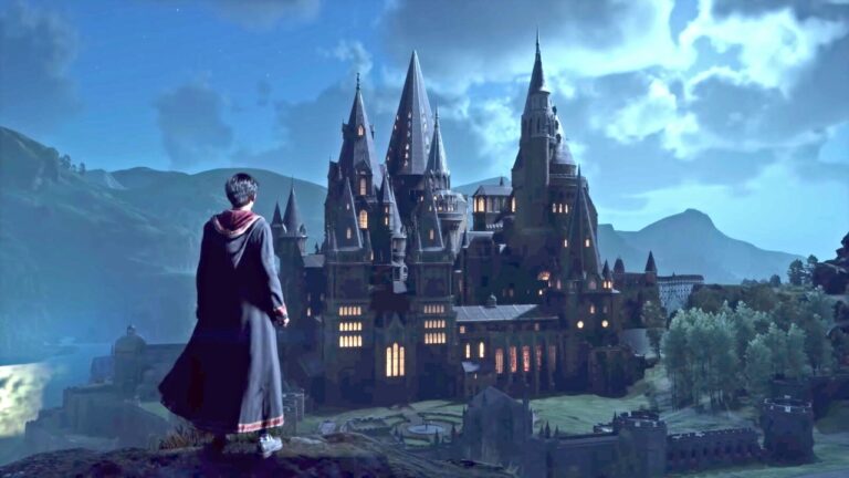 Postać z Hogwarts Legacy na tle zamku