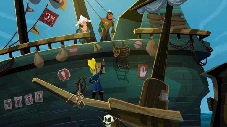 Guybrush Threepwood i piraci na statku w grze Return to Monkey Island