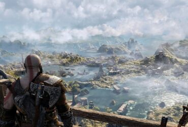 Kratos i panorama Svartalfheimu, świata krasnoludów w God of War: Ragnarok