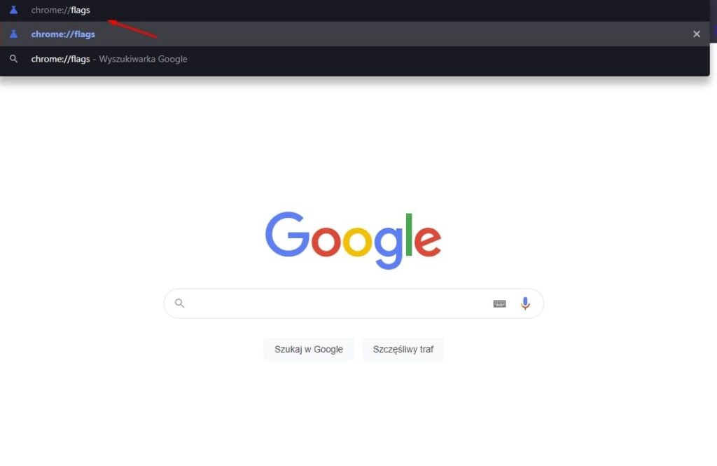 Screen z Google Chrome, gdzie w pole adresu wpisywane jest "chrome://flags".