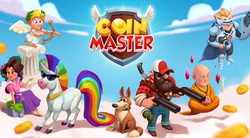 Logo Coin Master wśród postaci z gry.