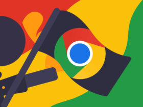 Google Flags na kolorowym tle z logo przeglądarki Google Chrome