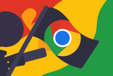 Google Flags na kolorowym tle z logo przeglądarki Google Chrome