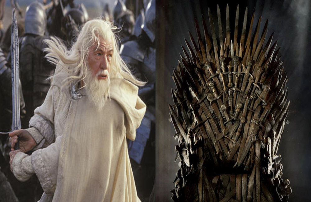 Gandalf Biały z mieczem i żelazny tron.