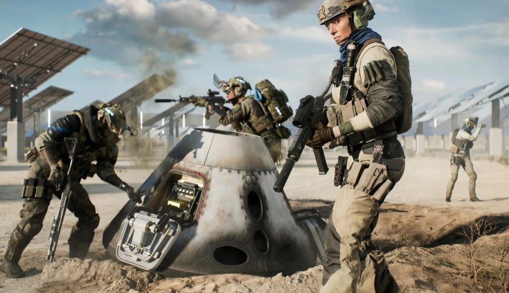 Kilku żołnierzy z bronią przy kapsule w Battlefield 2042.