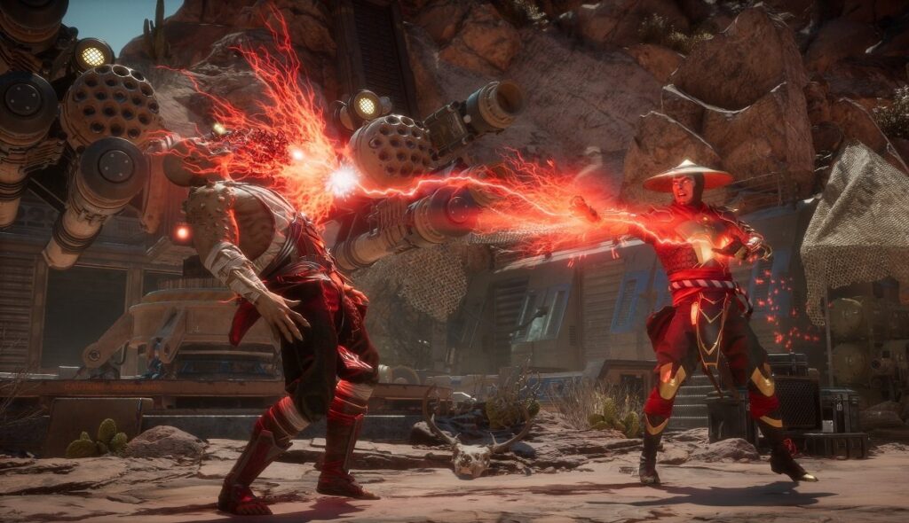 Raiden ciskający piorunami w Reptile'a podczas walki w Mortal Kombat 11