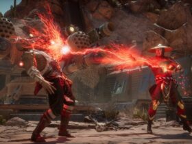 Raiden ciskający piorunami w Reptile'a podczas walki w Mortal Kombat 11