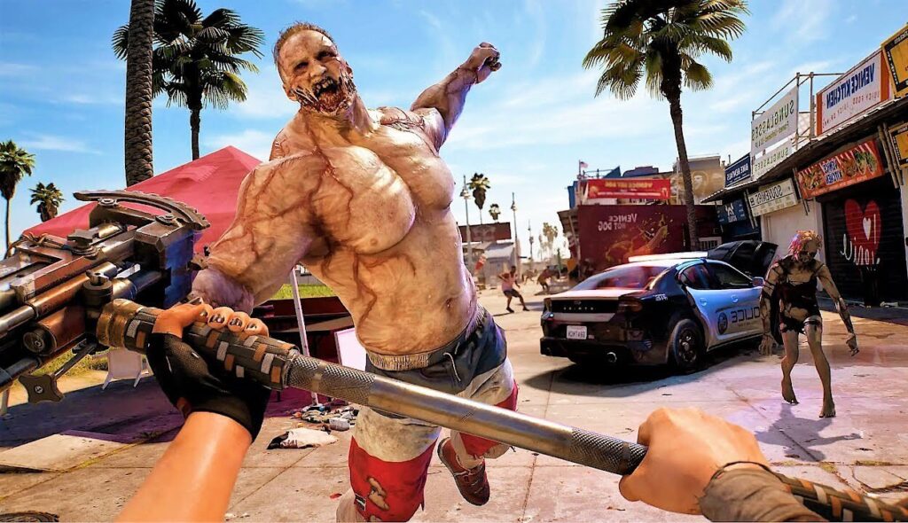 Główny bohater z gry Dead Island 2 walczy bronią białą z dużym zombie.