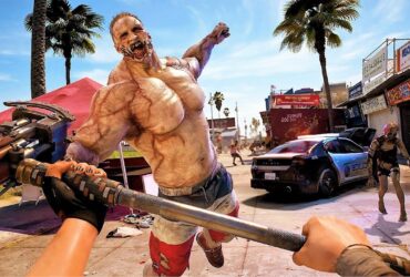 Główny bohater z gry Dead Island 2 walczy bronią białą z dużym zombie.