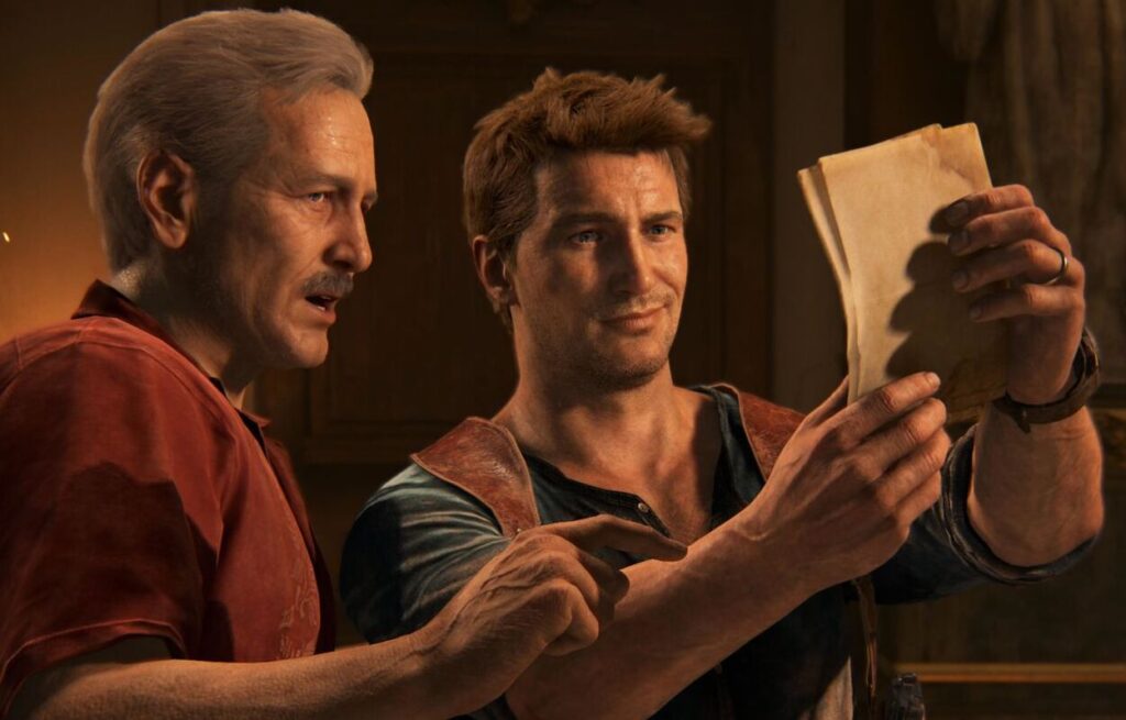 Nathan Drake i Sully oglądają notatki. Scena z Uncharted 4.