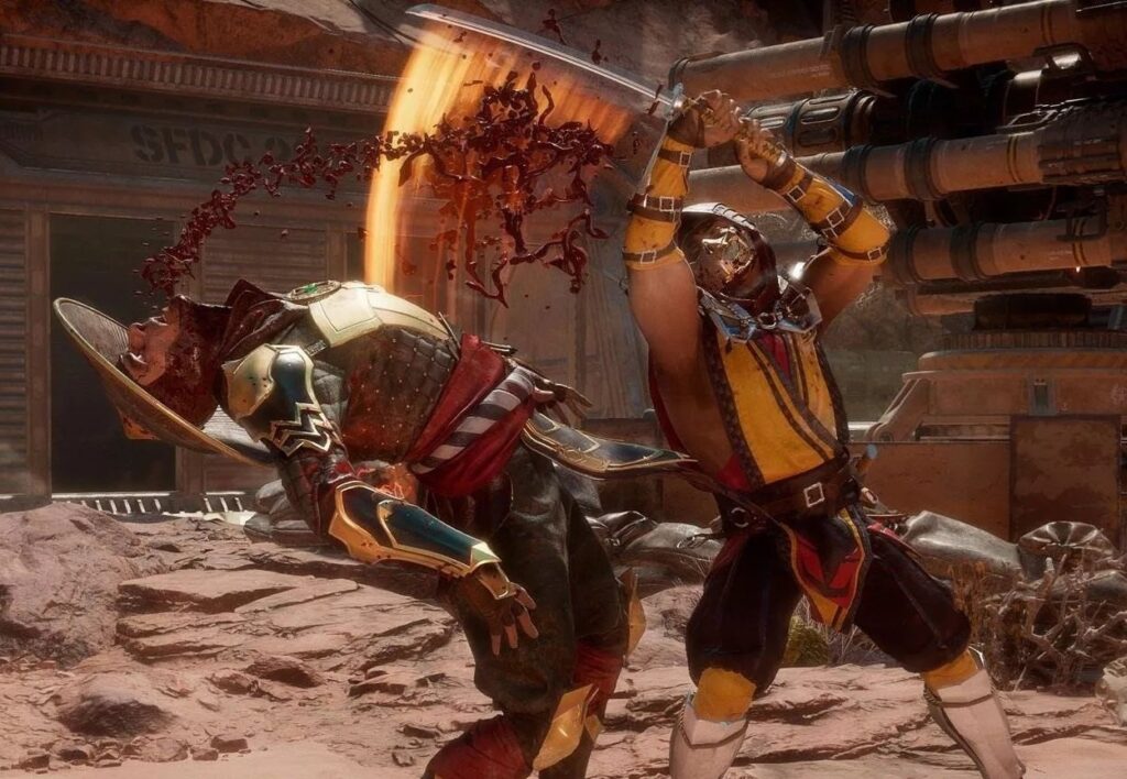 Scorpion walczący z Raidenem w grze Mortal Kombat 11