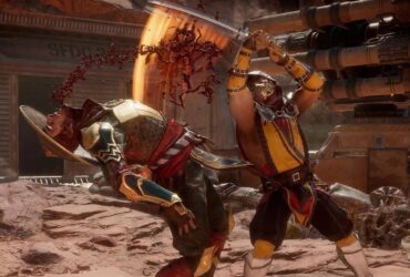 Scorpion walczący z Raidenem w grze Mortal Kombat 11