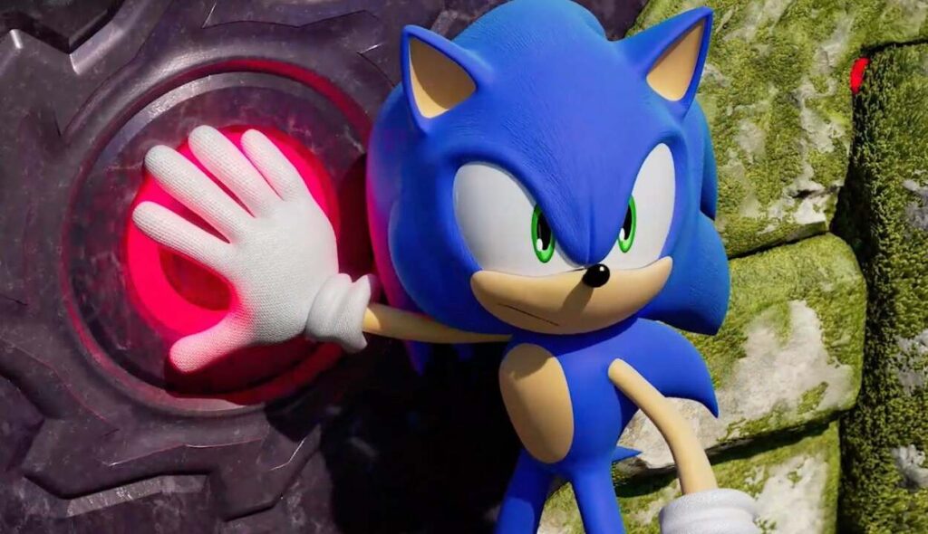 Sonic trzymający duży czerwony przycisk w grze Sonic Frontiers