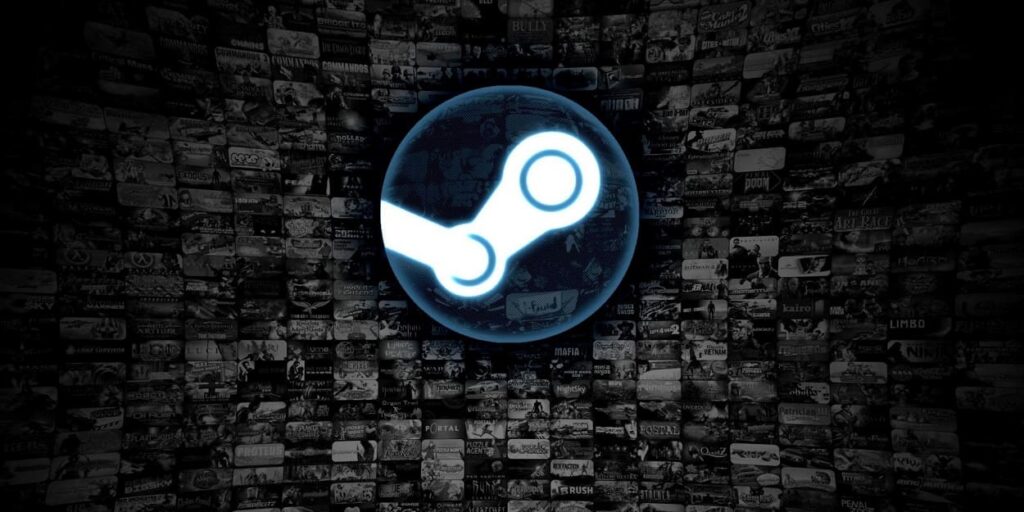 Logo Steam z kafelkami gier w tle
