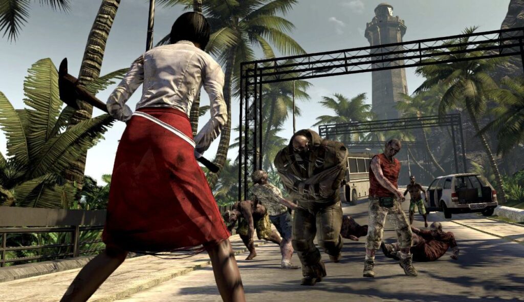 Kobieta walcząca z zombie w mieście w grze Dead Island 2