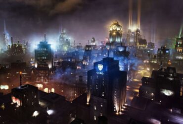 Podświetlone miasto Gotham nocą z gry Gotham Knights