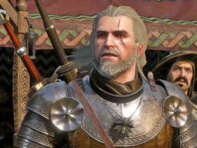 Geralt z Wiedźmina 3 w zbroi ze zdziwieniem na twarzy.