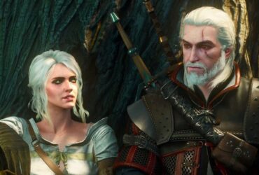 Geralt i Ciri siedzący przy drzewie w Wiedźminie 3: Dziki Gon.