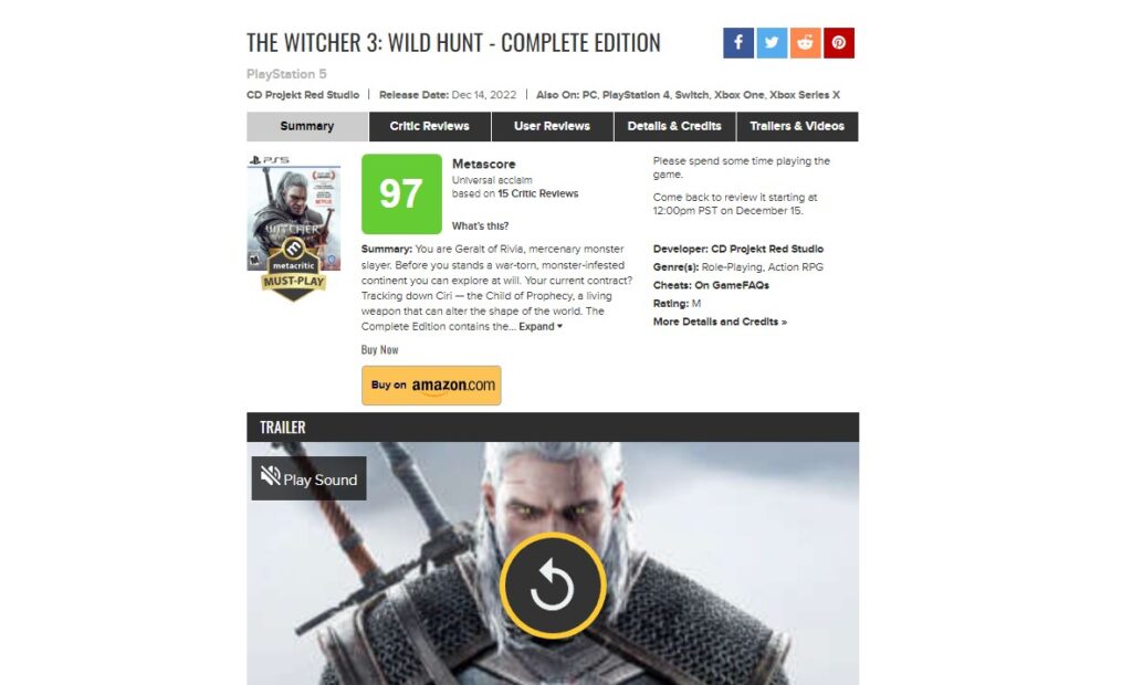 Screen oceny gry Wiedźmin 3: Dziki Gon z serwisu Metacritic.