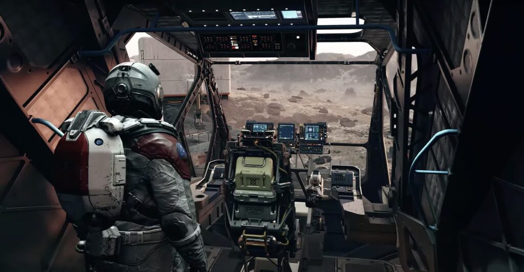 Główny bohater Starfielda stoi w swoim statku kosmicznym.