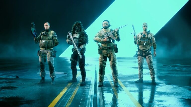 Czterech żołnierzy z Battlefield 2042 na niebieskim tle