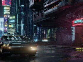 Samochód obok No Tell Motel na tle miasta Night City w Cyberpunk 2077