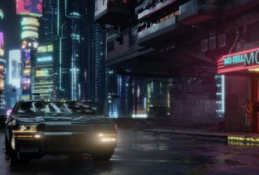 Samochód obok No Tell Motel na tle miasta Night City w Cyberpunk 2077