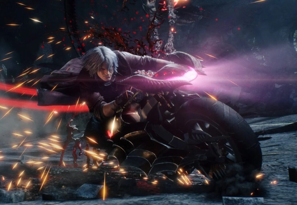 Dante z Devil May Cry 5 jadący na motocyklu