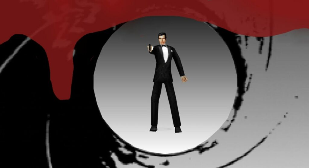 Agent 007 widoczny przez lufę pistoletu i celujący z broni w naszą stronę