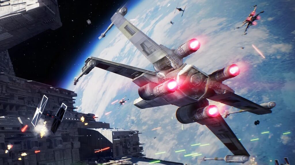 Myśliwce atakujące duży statek kosmiczny w grze Star Wars Squadrons