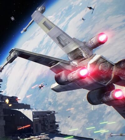 Myśliwce atakujące duży statek kosmiczny w grze Star Wars Squadrons