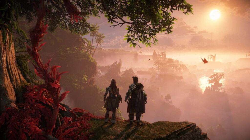 Aloy z towarzyszem na wzgórzu obok drzewa w grze Horizon Forbidden West