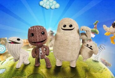 Sackboy i inne szmaciaki stojące na planecie na grafice promocyjnej LittleBigPlanet 3