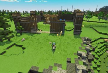 Postać z Minecrafta na koniu obok drewnianego zamku w Minecraft Legends