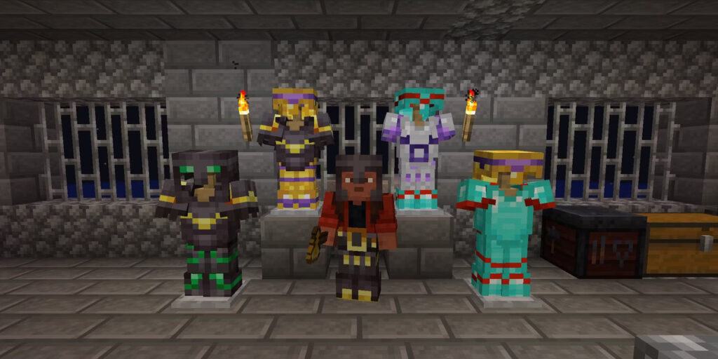 Postać z Minecrafta stojąca przed stojakami na zbroję, gdzie znajdują się personalizowane pancerze