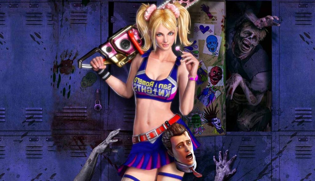 Bohaterka Lollipop Chainsaw stojąca przy szafkach z głową przy pasie oraz piłą mechaniczną w ręku