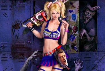 Bohaterka Lollipop Chainsaw stojąca przy szafkach z głową przy pasie oraz piłą mechaniczną w ręku
