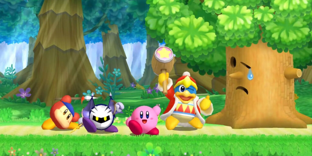 Postacie z Kirby's Return To Dream Land Deluxe w bajkowym lesie