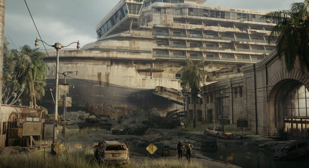 Screen z The Last of Us Multiplatyer. Dwie postacie w zniszczonym mieście obok wraku statku wycieczkowego.