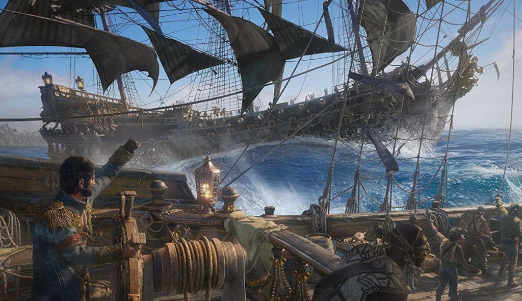 Dwa statki walczące na morzu w grze Skull and Bones