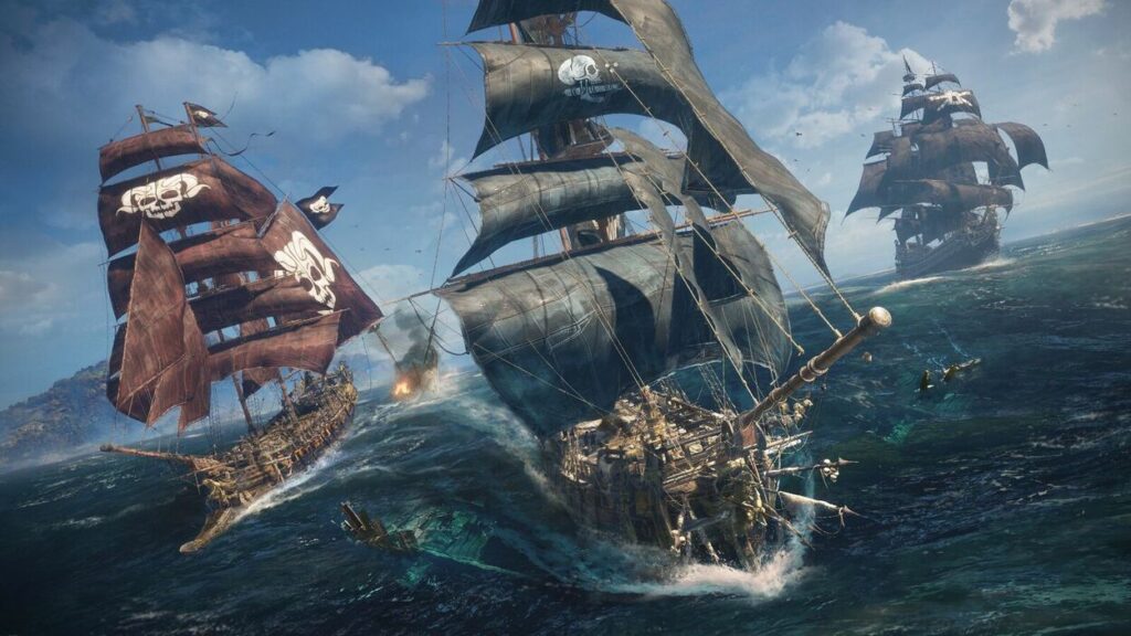 Trzy statki piratów płynące po morzu w Skull and Bones